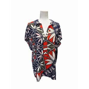 Tory Burch 100% Silk Blouse Short Sleeve Red White Blue Floral Resort Wear Sz 12